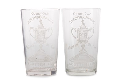 Lot 1626 - AIRDRIEONIANS F.C., TWO SCOTTISH CUP WINNERS COMMEMORATIVE GLASS TUMBLERS