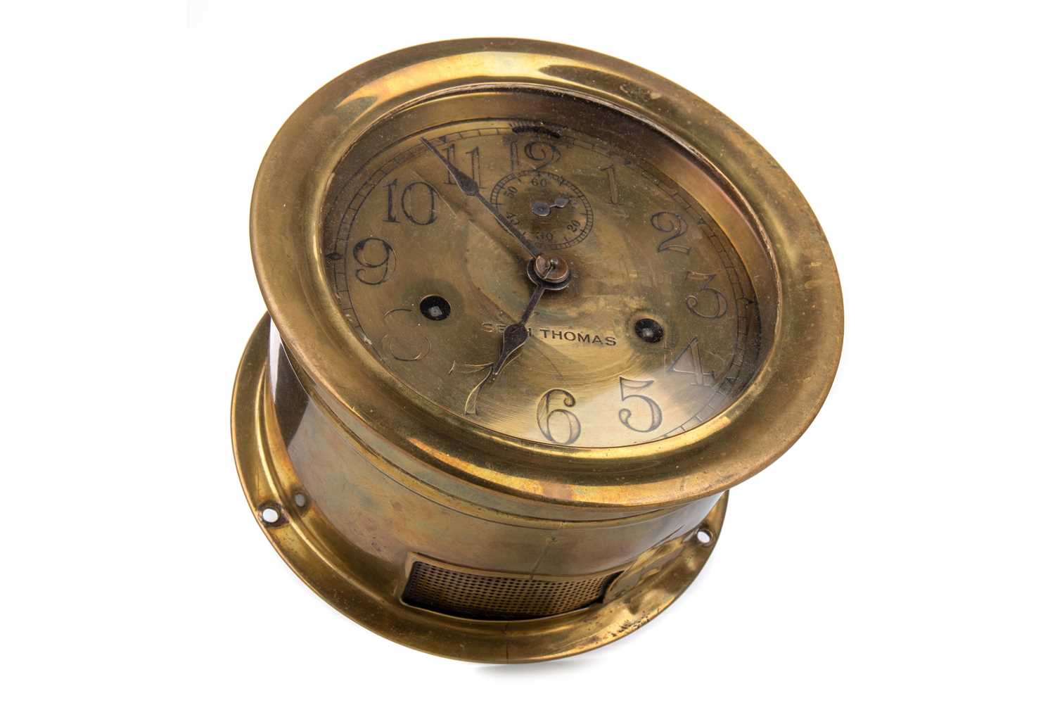 Lot 590 - SETH THOMAS OF THE U.S., BRASS SHIP'S BULKHEAD CLOCK