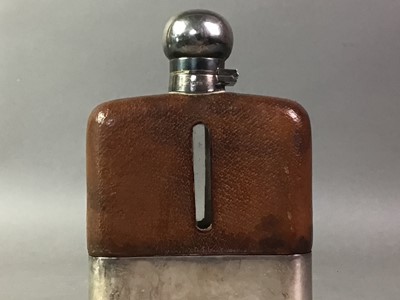 Lot 155 - SILVER PLATE AND LEATHER MOUNTED HIP FLASK