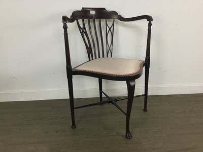 Lot 210 - INLAID MAHOGANY CORNER ARMCHAIR