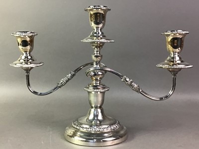 Lot 214 - PAIR OF SILVER PLATED THREE BRANCH CANDELABRA
