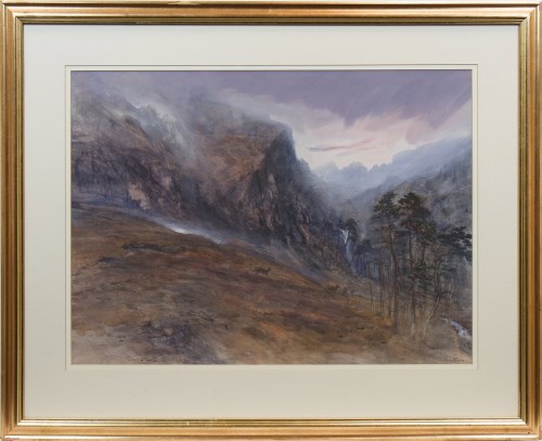 Lot 252 - * IAIN ROSS, HIGHLAND LANDSCAPE WITH DEER...