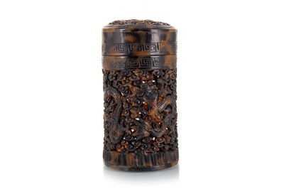 Lot 1075 - CHINESE TORTOISESHELL CARVED AND PIERCED CYLINDRICAL CRICKET CAGE