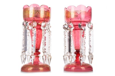 Lot 730 - PAIR OF VICTORIAN CRANBERRY GLASS CANDLE LUSTRES