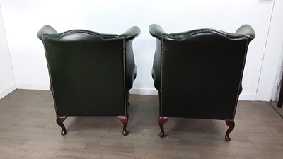 Lot 62 - PAIR OF GREEN LEATHER WINGBACK CHAIRS