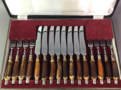 Lot 91 - CASED SET OF ANTLER HANDLED STEAK KNIVES AND FORKS