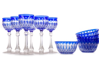 Lot 745 - SET OF SIX BOHEMIAN BLUE FLASHED HOCK GLASSES AND SIX BOWLS