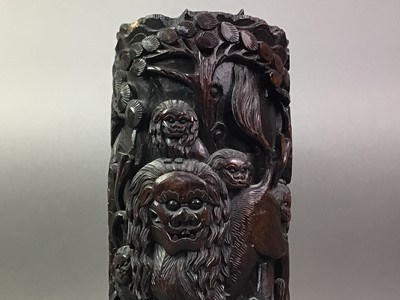 Lot 265 - TALL CARVED BAMBOO SPILL HOLDER AND OTHER ITEMS