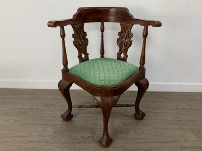 Lot 389 - HARDWOOD CORNER ARMCHAIR