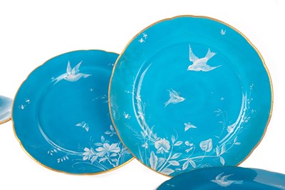 Lot 759 - MINTONS, FOUR PATE-SUR-PATE DESSERT PLATES AND A COMPORT