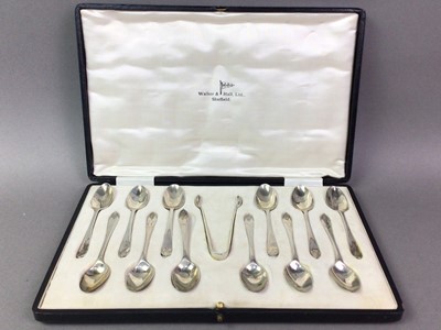 Lot 417 - SET OF SILVER WALKER & HALL TEASPOONS AND TONGS