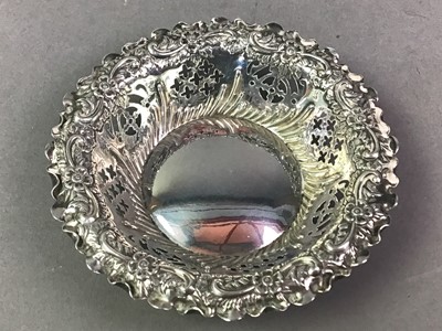 Lot 565 - PAIR OF LATE VICTORIAN EMBOSSED SILVER BON BON DISHES WITH PLAIN CENTRES