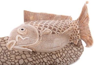 Lot 1135 - LARGE JAPANESE CARVED BONE OKIMONO 'CARP' FIGURE GROUP