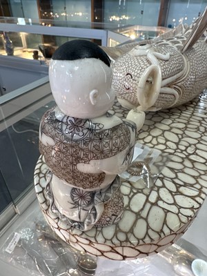 Lot 1135 - LARGE JAPANESE CARVED BONE OKIMONO 'CARP' FIGURE GROUP