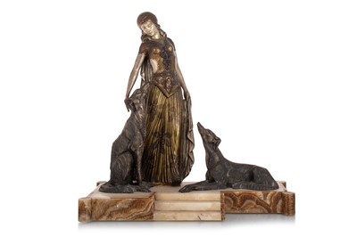 Lot 389 - AFTER GEORGES VAN DE VOORDE, ART DECO SILVERED AND BRONZED METAL FIGURE GROUP