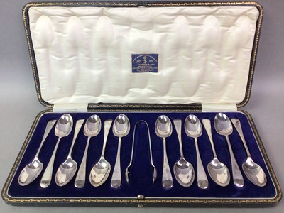 Lot 200 - SET OF PLATED TEASPOONS AND TONGS