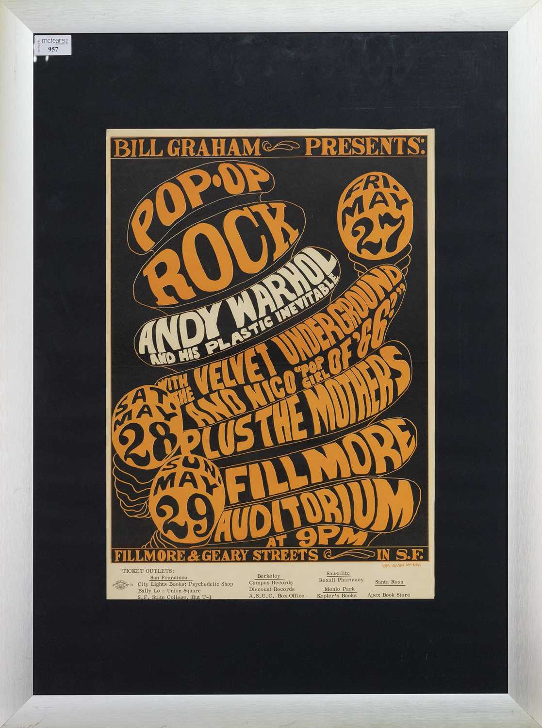 Lot 957 - VELVET UNDERGROUND - CONCERT POSTER, MAY 27-29 1966, FILLMORE AUDITORIUM, SAN FRANCISCO