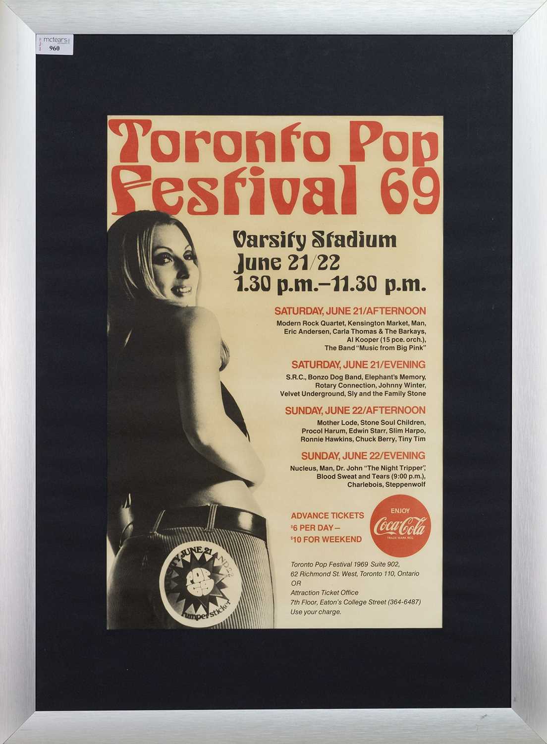 Lot 960 - VELVET UNDERGROUND - CONCERT POSTER, TORONTO POP FESTIVAL 69, JUNE 21/22, VARSITY STADIUM