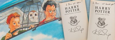 Lot 921 - ROWLING (J .K.), THREE HARRY POTTER VOLUMES, SIGNED WITH PERSONALISED INSCRIPTIONS