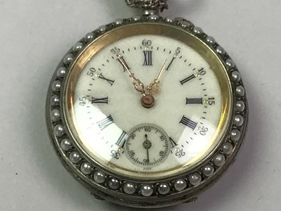 Lot 11 - CONTINENTAL SILVER, ENAMEL & PEARL SET FOB WATCH