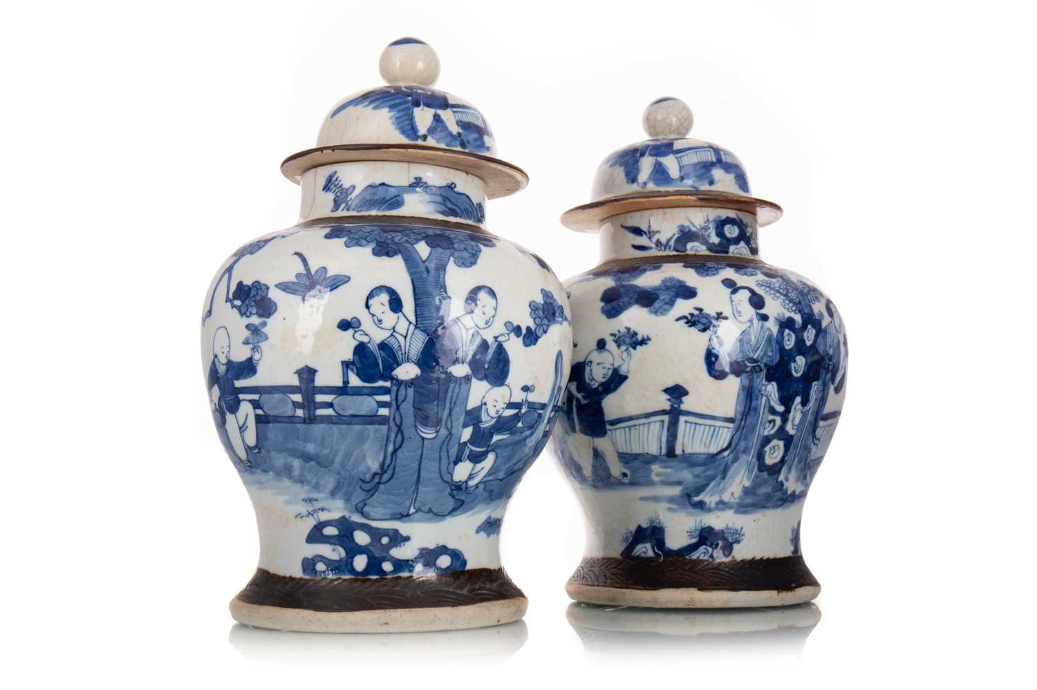 Lot 1061 - PAIR OF CHINESE BLUE AND WHITE CRACKLEWARE BALUSTER VASES AND COVERS