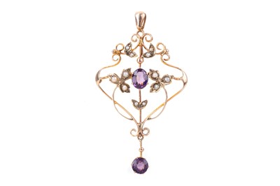 Lot 569 - AMETHYST AND PEARL HOLBEIN PENDANT