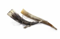 Lot 818 - TWO DECORATIVE COW HORNS each with metal...