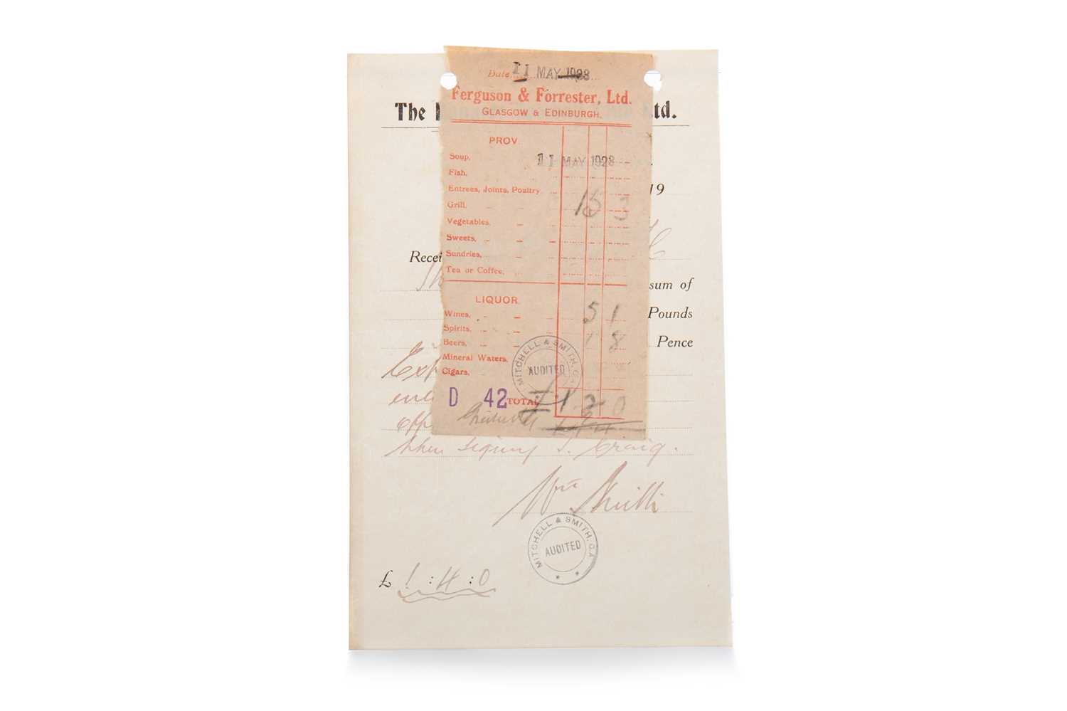Lot 1551 - BILL STRUTH OF RANGERS F.C., SIGNED EXPENSES DOCUMENT