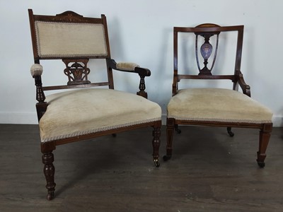 Lot 349 - TWO EDWARDIAN ROSEWOOD INLAID PARLOUR CHAIRS