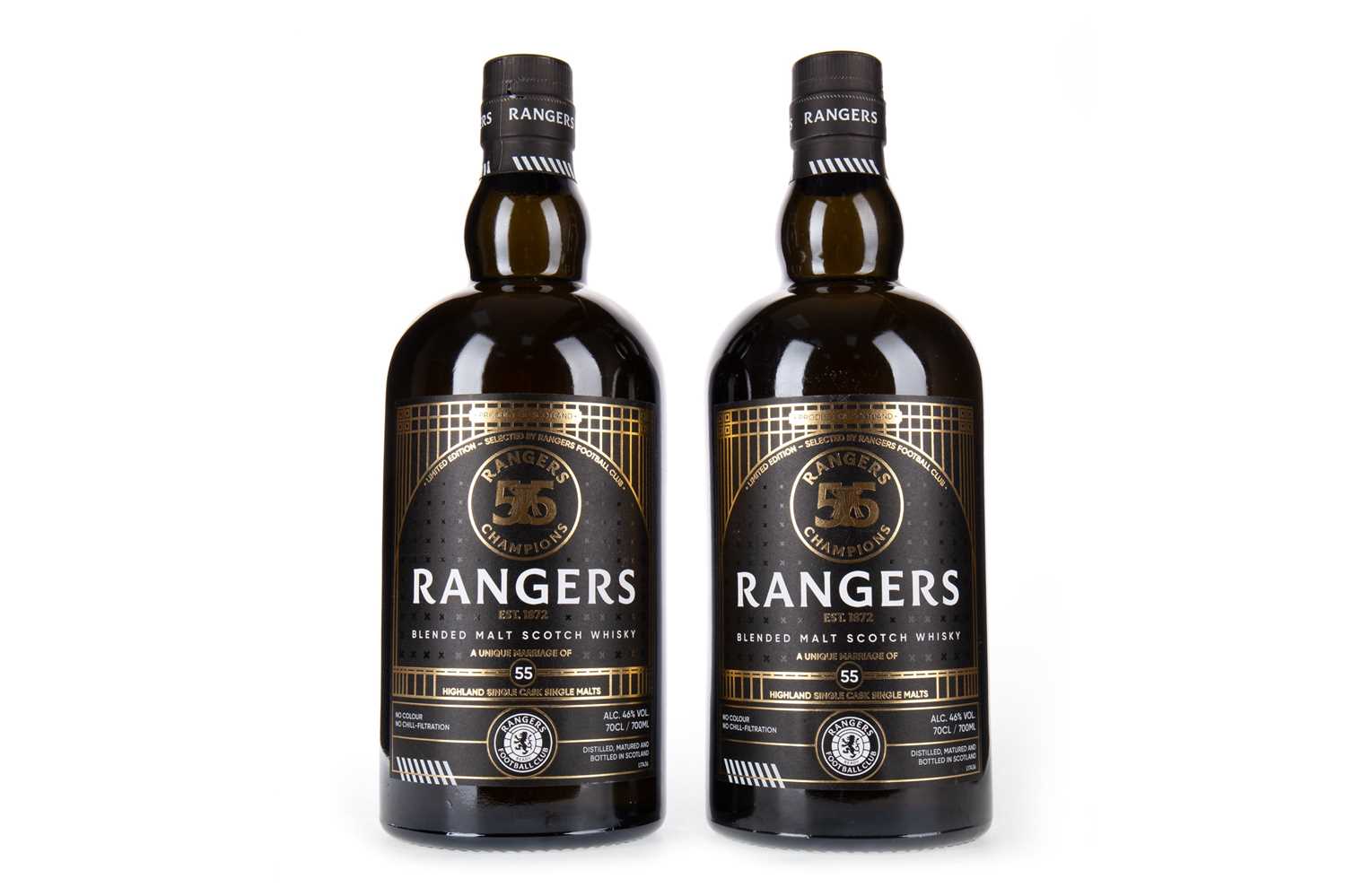 Lot 1510 - RANGERS F.C., TWO BOTTLES OF WHISKY CELEBRATING 55 LEAGUE TITLES