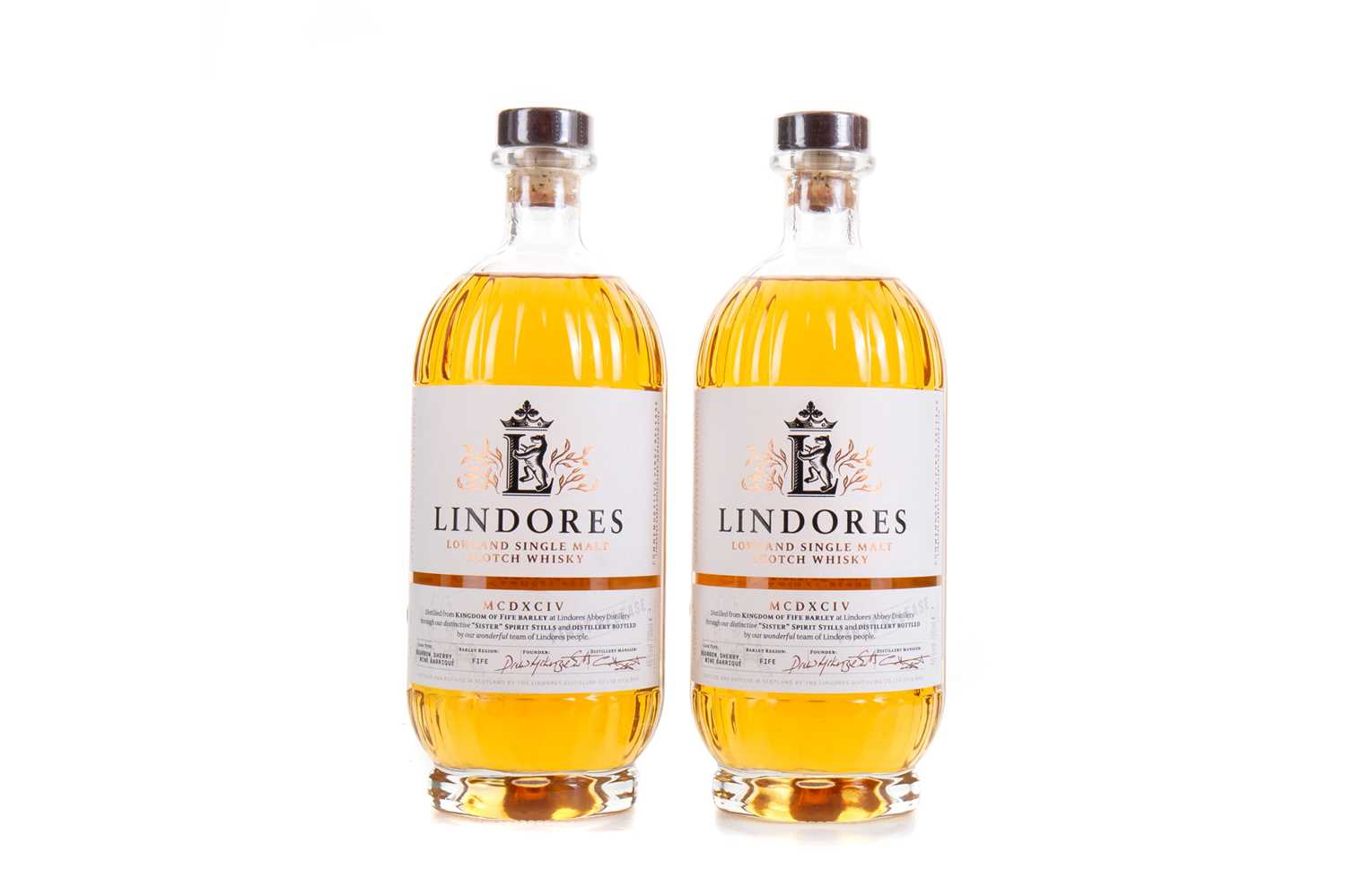 Lot 56 - 2 BOTTLES OF LINDORES MCDXCIV COMMEMORATIVE FIRST RELEASE