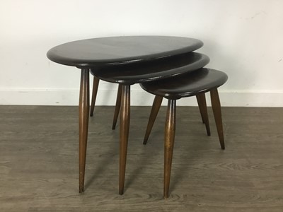 Lot 336 - ERCOL, NEST OF MODEL 354 STAINED ELM 'PEBBLE' TABLES