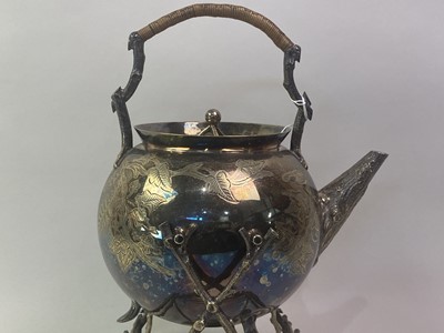Lot 32 - VICTORIAN SILVER PLATED KETTLE ON STAND