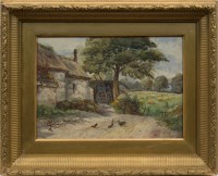 Lot 62 - A G GIBB, CHICKENS BY A FARM watercolour on...