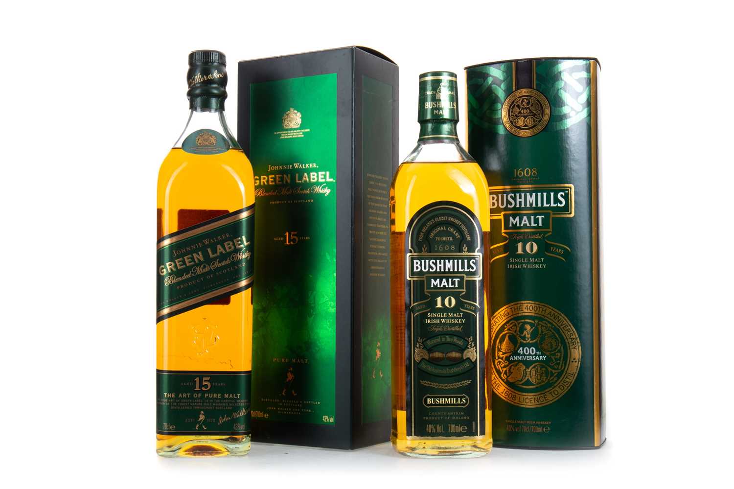 Lot 122 - JOHNNIE WALKER 15 YEAR OLD GREEN LABEL AND BUSHMILLS 10 YEAR OLD 400TH ANNIVERSARY