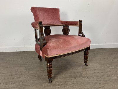 Lot 110 - LATE VICTORIAN OAK UPHOLSTERED TUB CHAIR