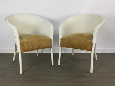Lot 87 - TWO WHITE PAINTED WICKER CHAIRS, BEDSIDE CABINET AND A TABLE LAMP