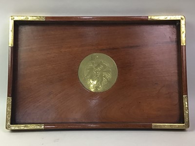 Lot 325 - CHINESE BRASS MOUNTED WOOD TRAY