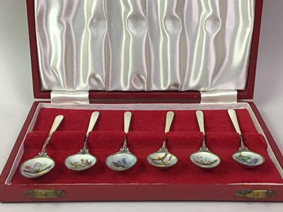 Lot 332 - SET OF SIX SILVER AND ENAMEL COFFEE SPOONS