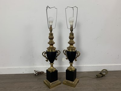 Lot 183 - PAIR OF BLACK AND BRASS URN TABLE LAMPS