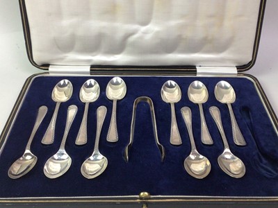 Lot 432 - SET OF ELEVEN SILVER TEASPOONS AND SUGAR TONGS