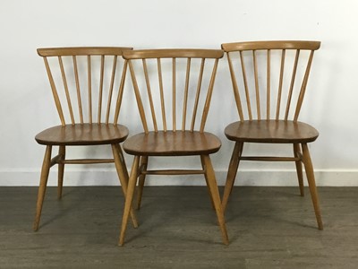 Lot 350 - ERCOL, WINDSOR MODEL 384 DROP LEAF DINING TABLE AND FIVE MODEL 449 DINING CHAIRS
