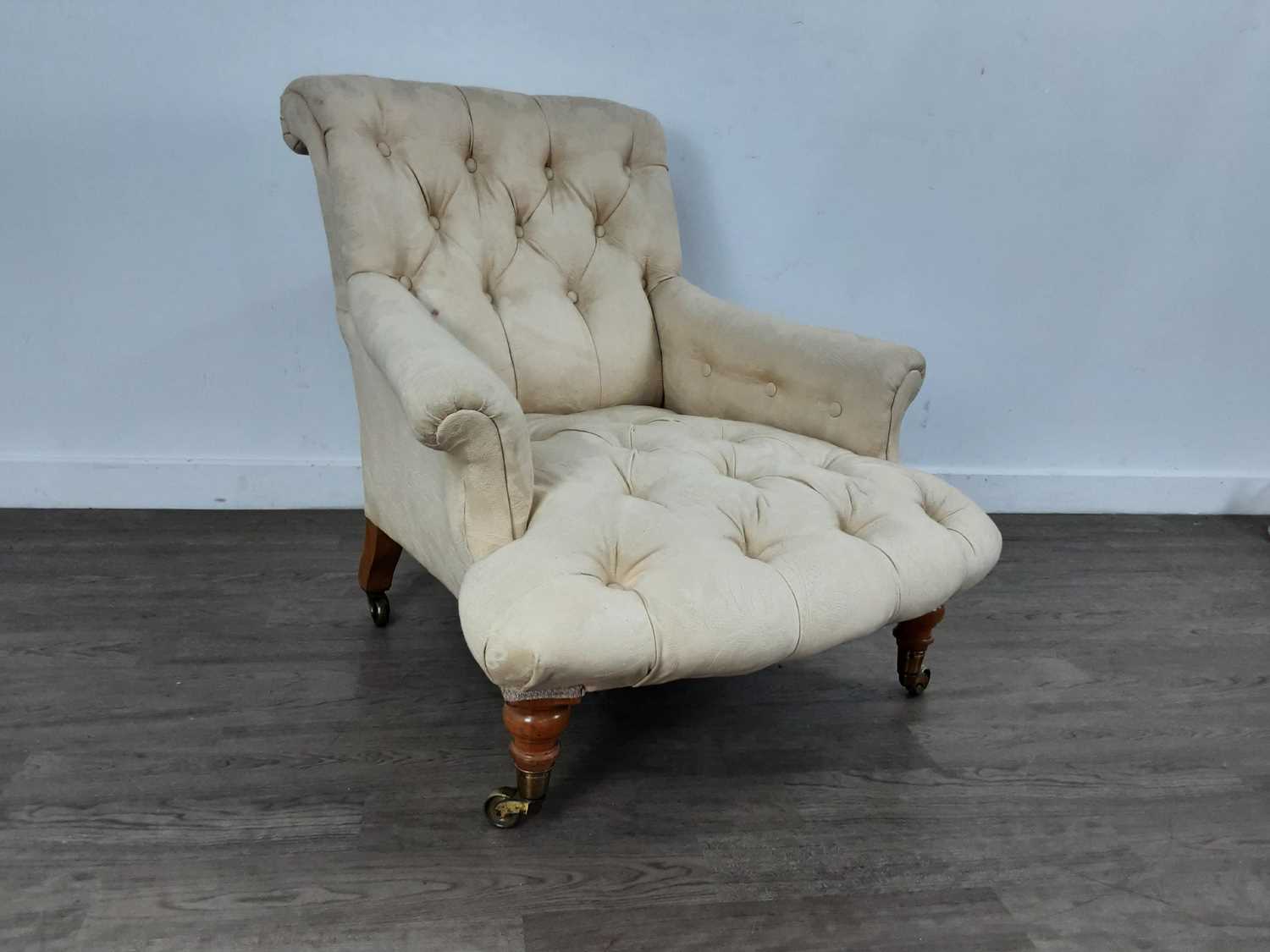 Lot 1241 - COPE & COLLINSON, VICTORIAN SCROLL EASY CHAIR