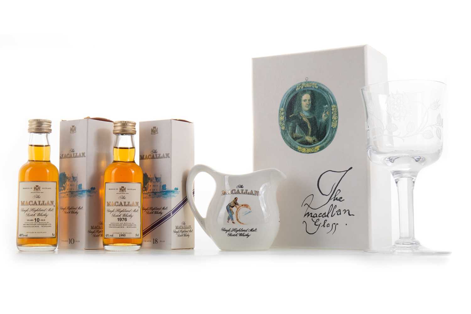 Lot 294 - MACALLAN 1976 18 YEAR OLD 5CL, MACALLAN 10 YEAR OLD 5CL AND MACALLAN JACOBITE GLASS + WATER JUG