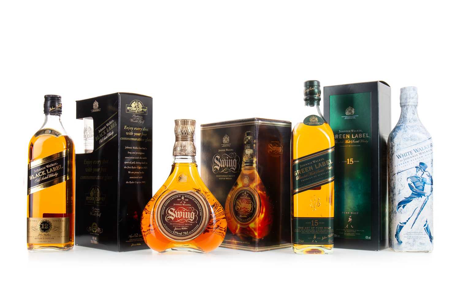 Lot 281 - 4 BOTTLES OF JOHNNIE WALKER INCLUDING 12 YEAR OLD BLACK LABEL RYDER CUP 1997