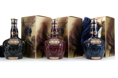 Lot 342 - CHIVAS ROYAL SALUTE 21 YEAR OLD RUBY, EMERALD AND SAPHIRRE DECANTERS