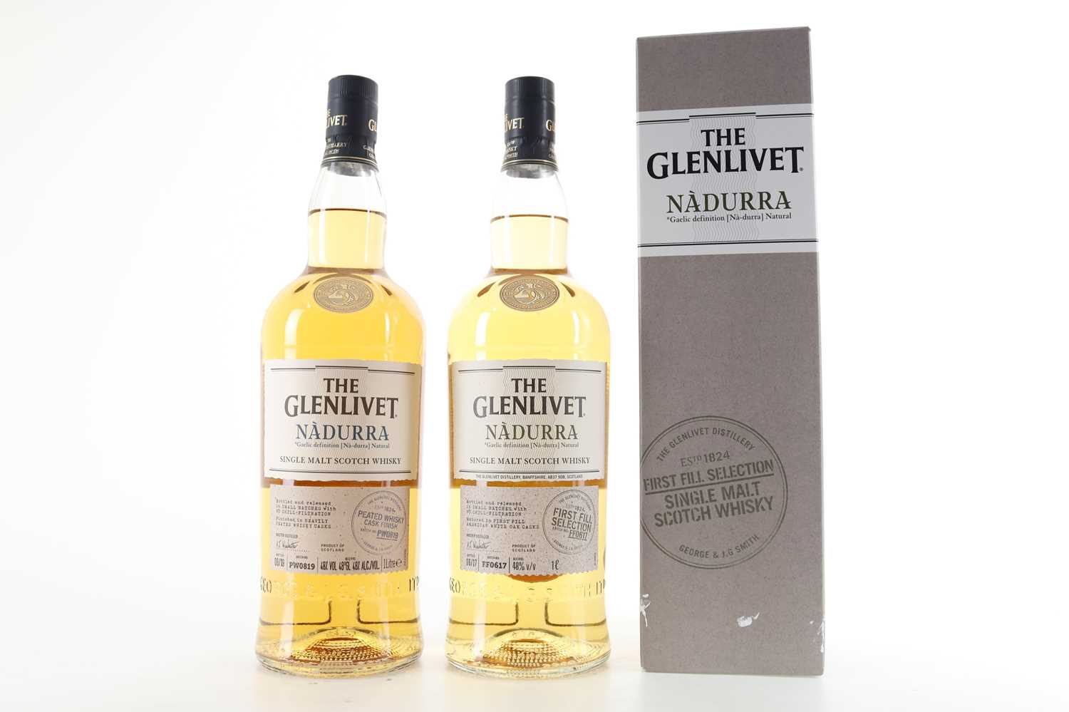Lot 55 - GLENLIVET NADURRA PEATED CASK FINISH 1L AND FIRST FILL SELECTION 1L