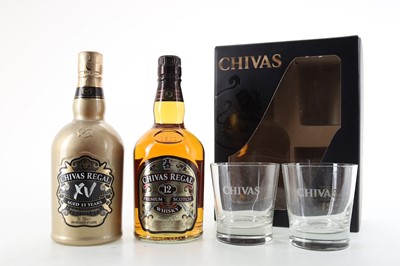 Lot 93 - CHIVAS REGAL 15 YEAR OLD AND 12 YEAR OLD GIFT PACK WITH 2 GLASSES