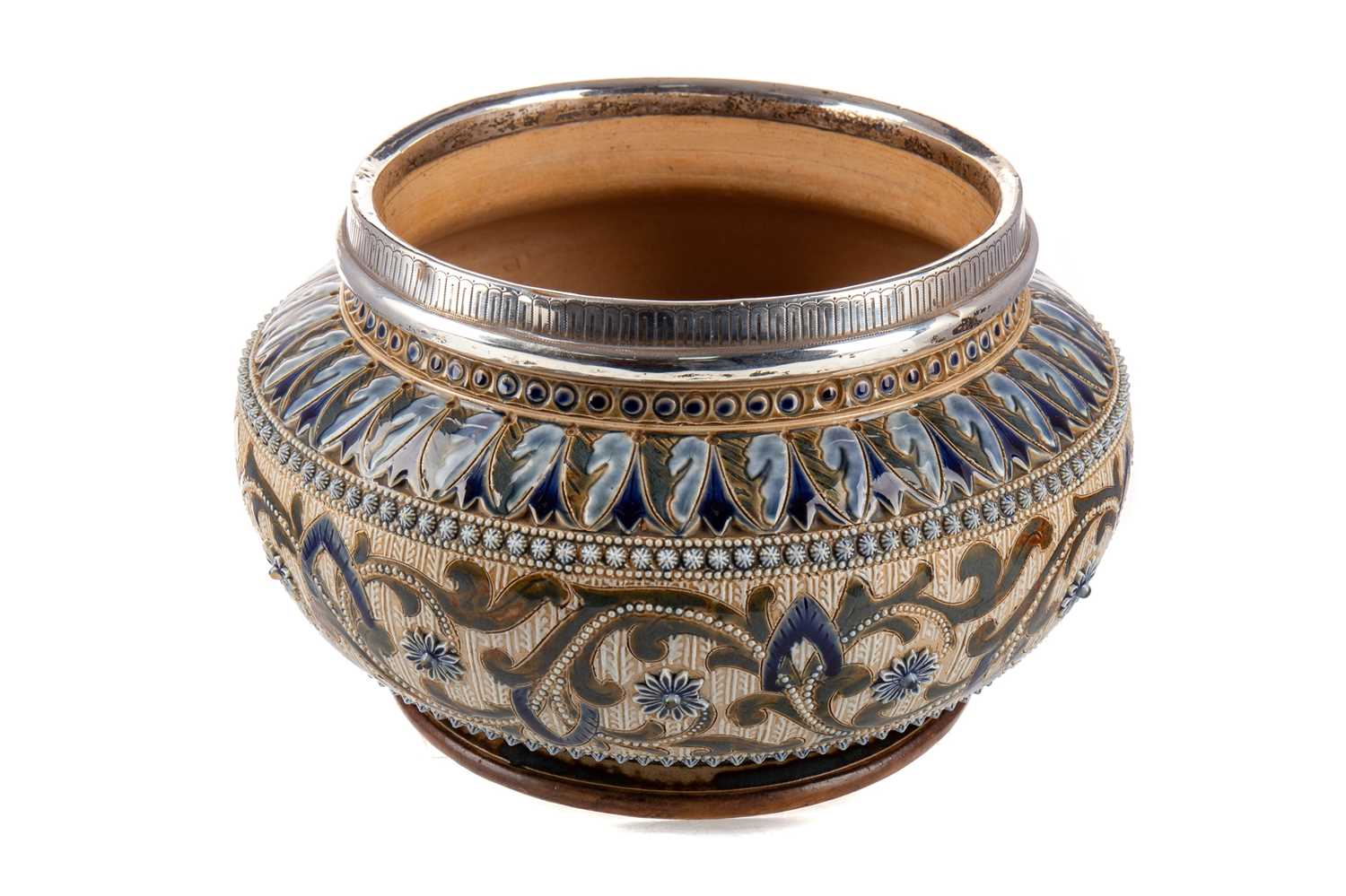 Lot 1260 - FRANK BUTLER FOR ROYAL DOULTON, LAMBETH STONEWARE SILVER MOUNTED BOWL