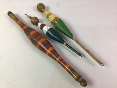 Lot 233 - FOLK ART, THREE NEW ENGLAND PAINTED WOOD FISHING BOBBINS / BOBBERS